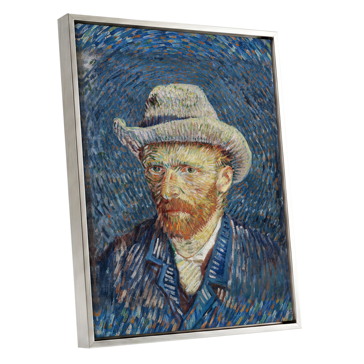 Portrait in Azure, blue, orange, yellow abstract wall art shown as a silver framed canvas wall art