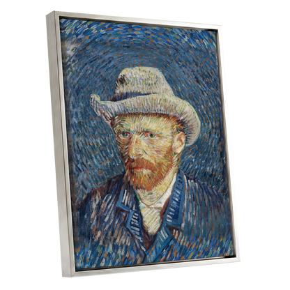 Portrait in Azure, blue, orange, yellow abstract wall art shown as a silver framed canvas wall art