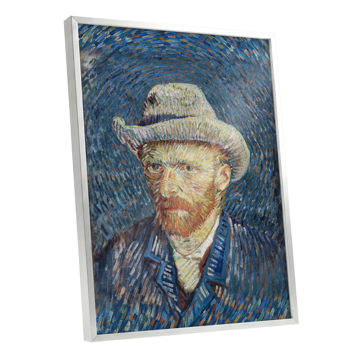 Portrait in Azure, blue, orange, yellow abstract wall art shown as a silver framed poster wall art print