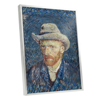 Portrait in Azure, blue, orange, yellow abstract wall art shown as a silver framed poster wall art print