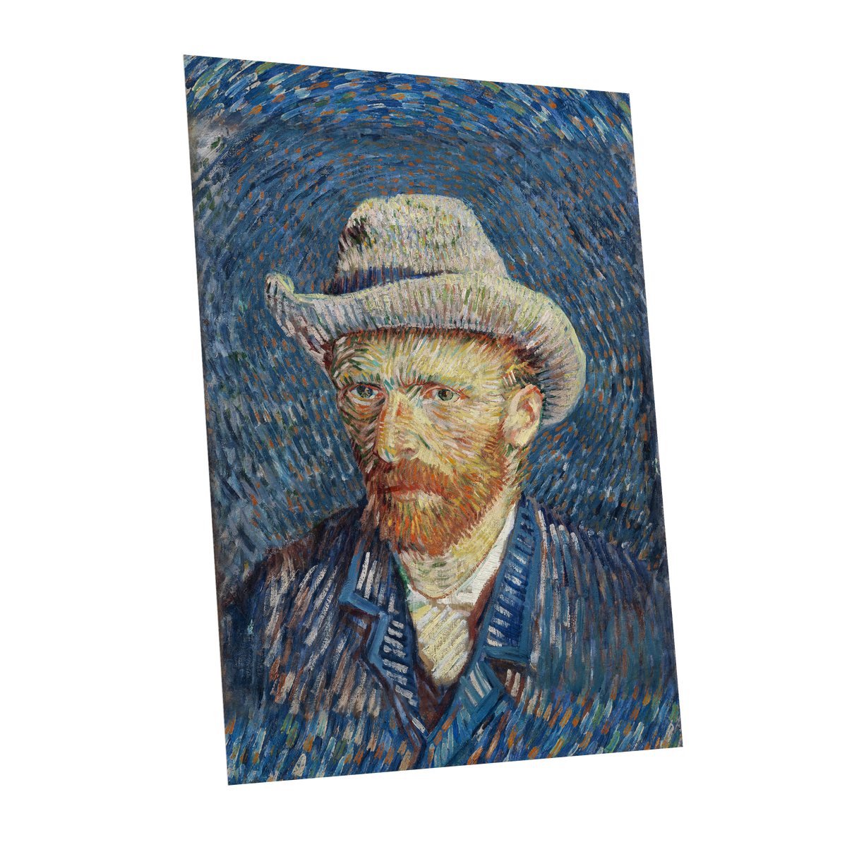 Portrait in Azure, blue, orange, yellow abstract wall art shown as a unframed poster wall art print
