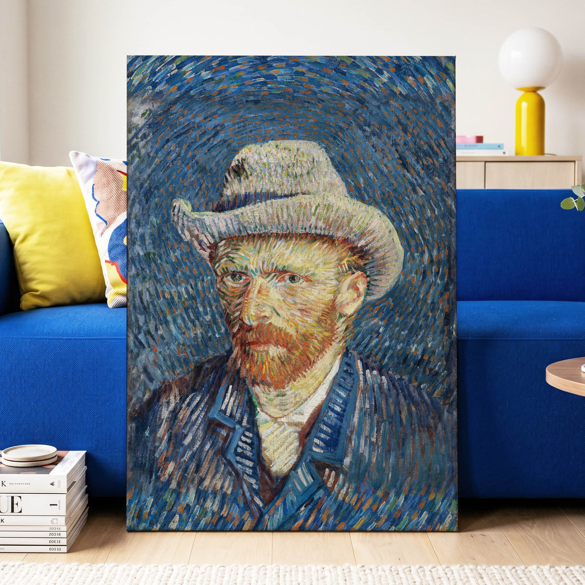 Portrait in Azure, blue, orange, yellow abstract wall art displayed in a styled interior, gallery view 3