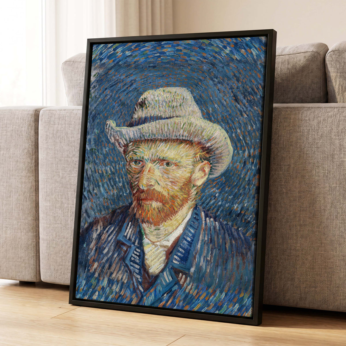 Portrait in Azure, blue, orange, yellow abstract wall art displayed in a styled interior, gallery view 4