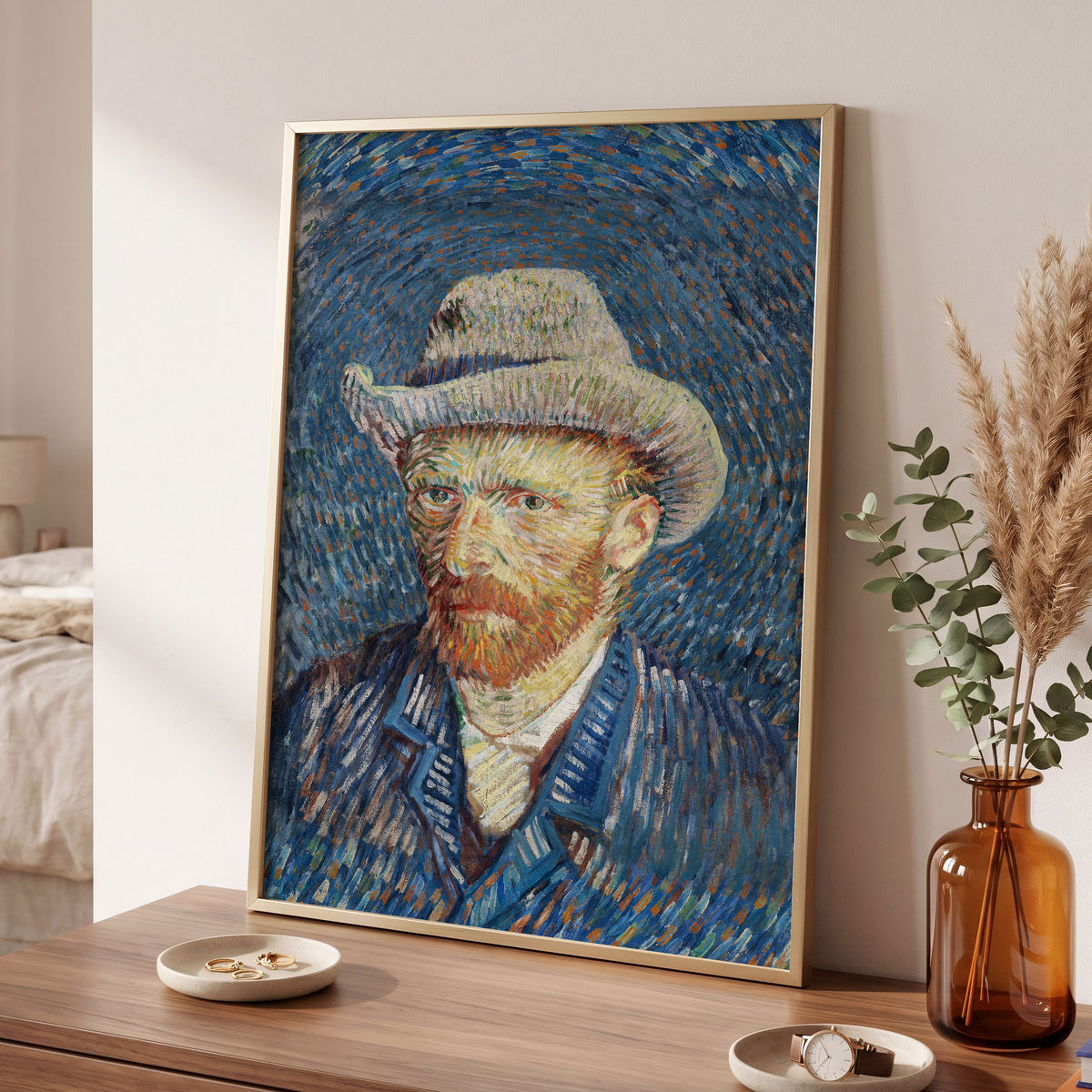 Portrait in Azure, blue, orange, yellow abstract wall art displayed in a styled interior, gallery view 6