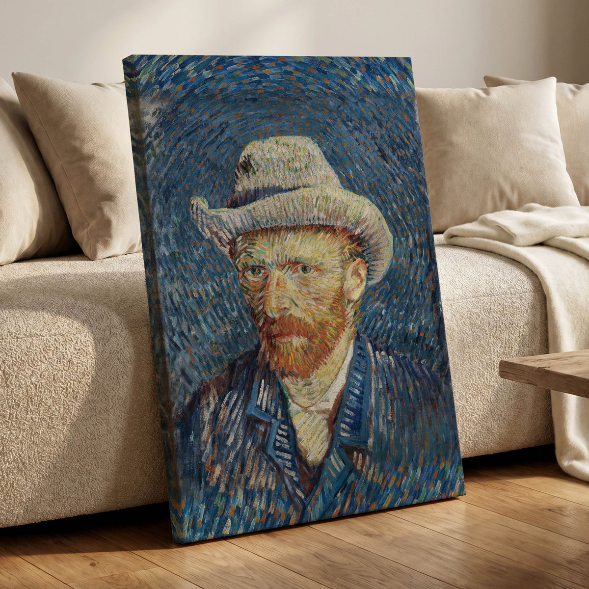 Portrait in Azure, blue, orange, yellow abstract wall art displayed in a styled interior, gallery view 7