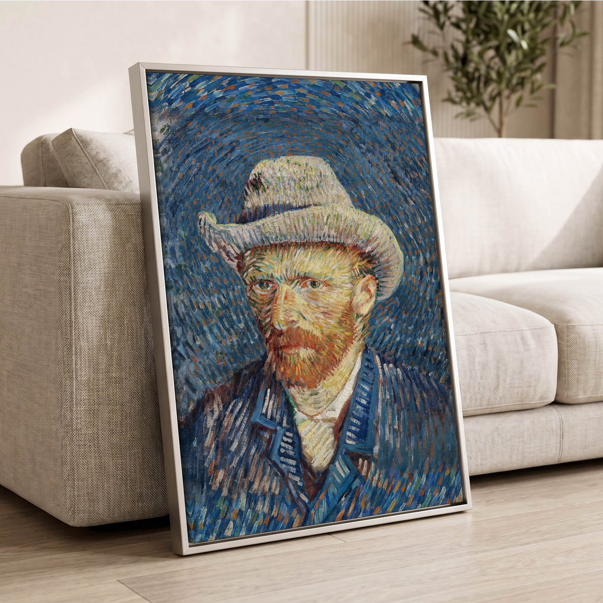 Portrait in Azure, blue, orange, yellow abstract wall art displayed in a styled interior, gallery view 8