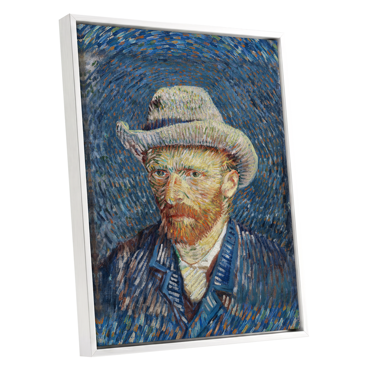 Portrait in Azure, blue, orange, yellow abstract wall art shown as a white framed canvas wall art