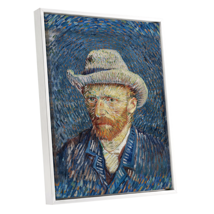 Portrait in Azure, blue, orange, yellow abstract wall art shown as a white framed canvas wall art