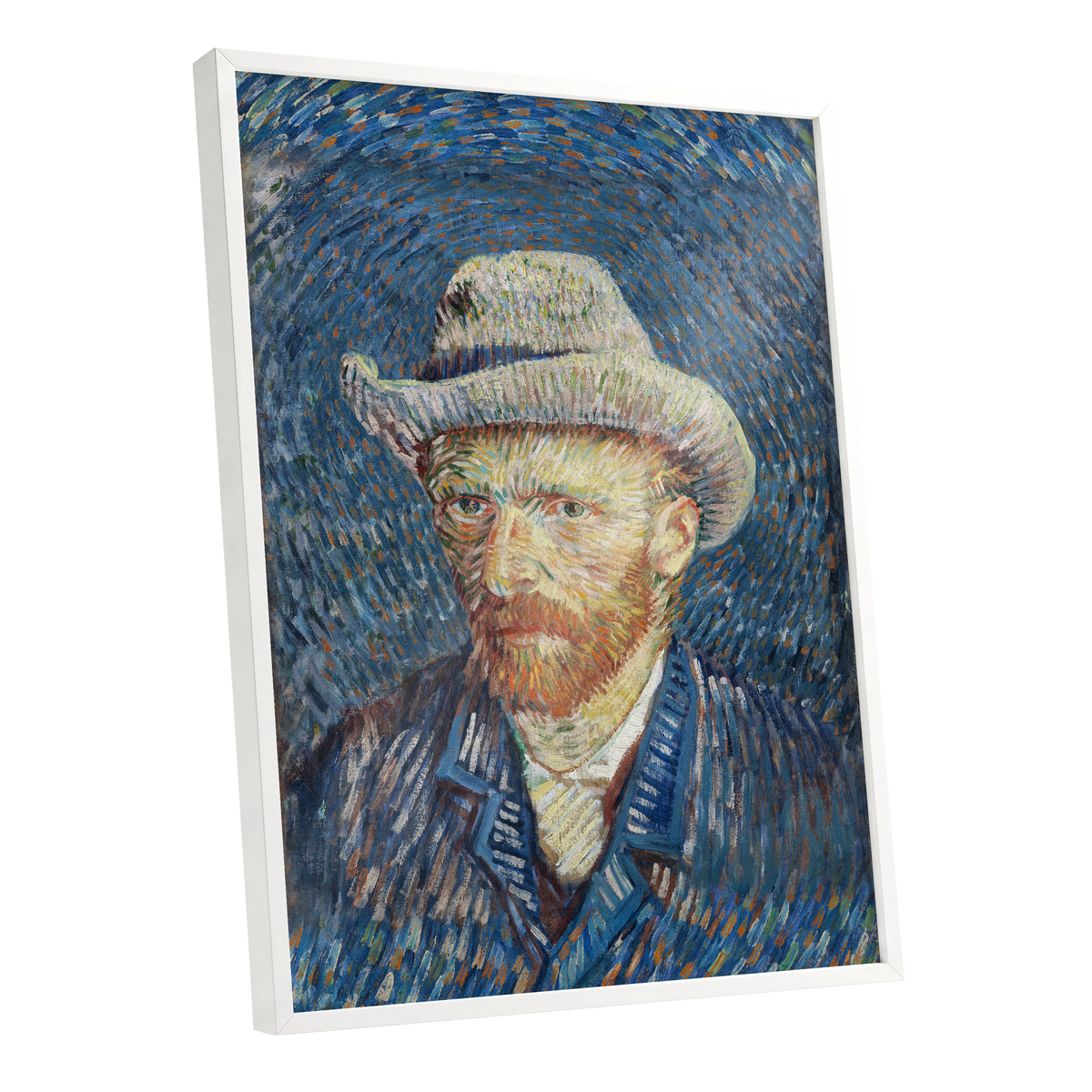 Portrait in Azure, blue, orange, yellow abstract wall art shown as a white framed poster wall art print