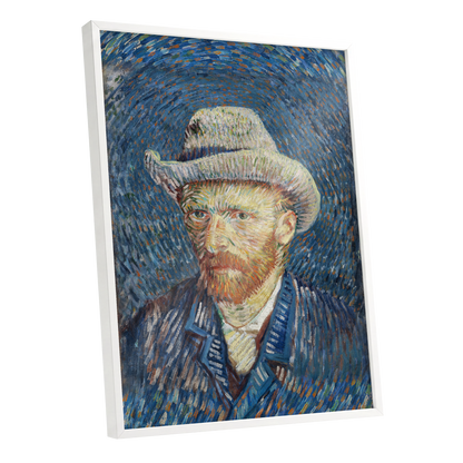 Portrait in Azure, blue, orange, yellow abstract wall art shown as a white framed poster wall art print