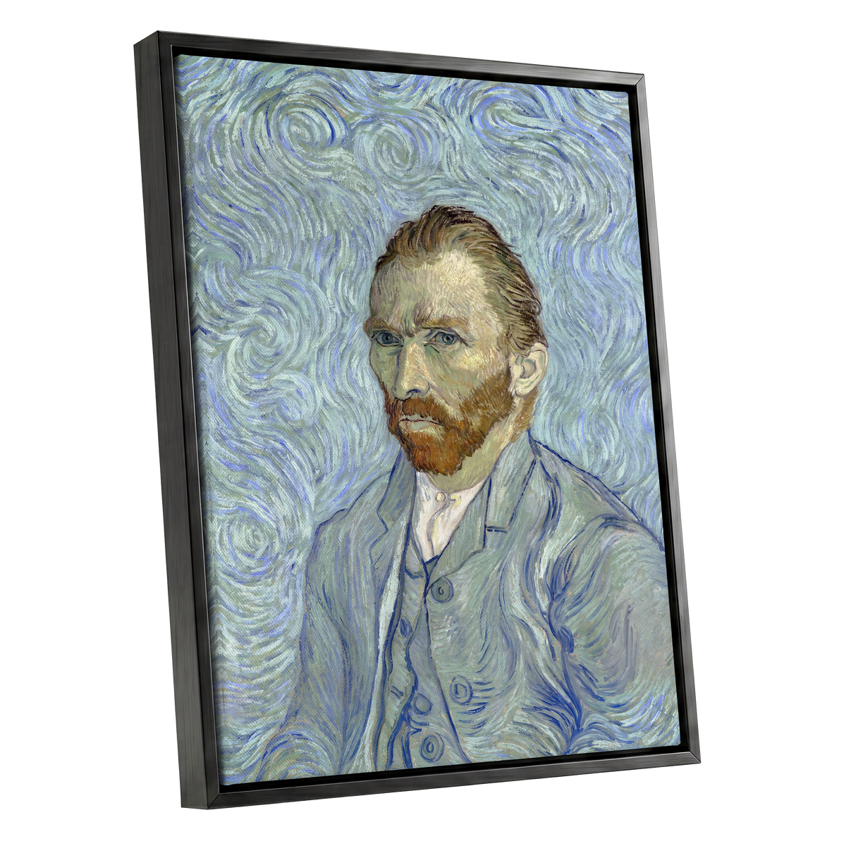 Portrait in Blue Currents, blue, green, gray abstract wall art shown as a black framed canvas wall art