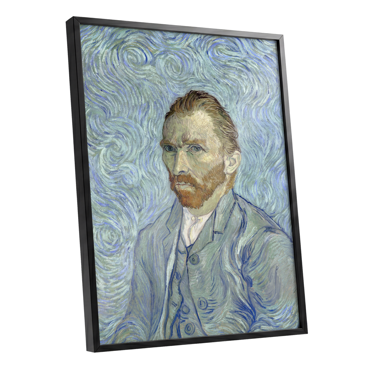 Portrait in Blue Currents, blue, green, gray abstract wall art shown as a black framed poster wall art print