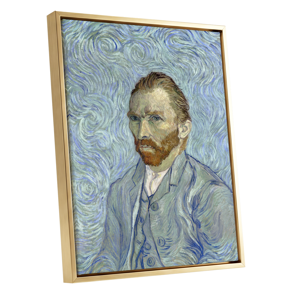 Portrait in Blue Currents, blue, green, gray abstract wall art shown as a gold framed canvas wall art