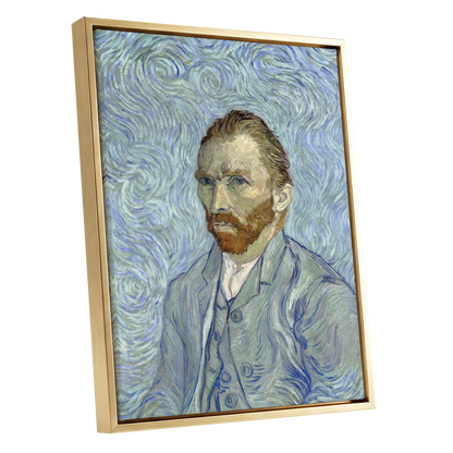Portrait in Blue Currents, blue, green, gray abstract wall art shown as a gold framed canvas wall art