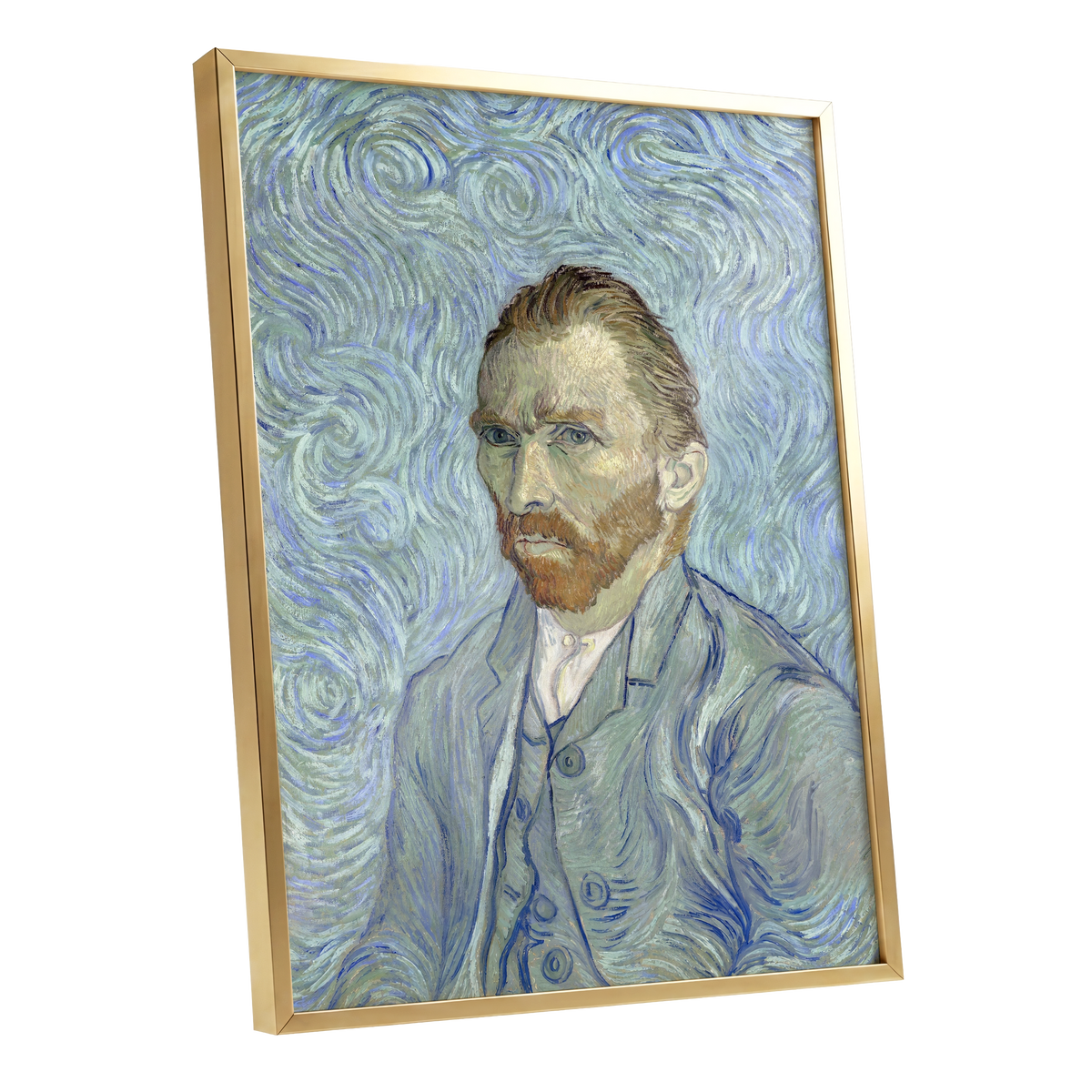 Portrait in Blue Currents, blue, green, gray abstract wall art shown as a gold framed poster wall art print
