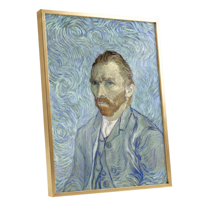 Portrait in Blue Currents, blue, green, gray abstract wall art shown as a gold framed poster wall art print