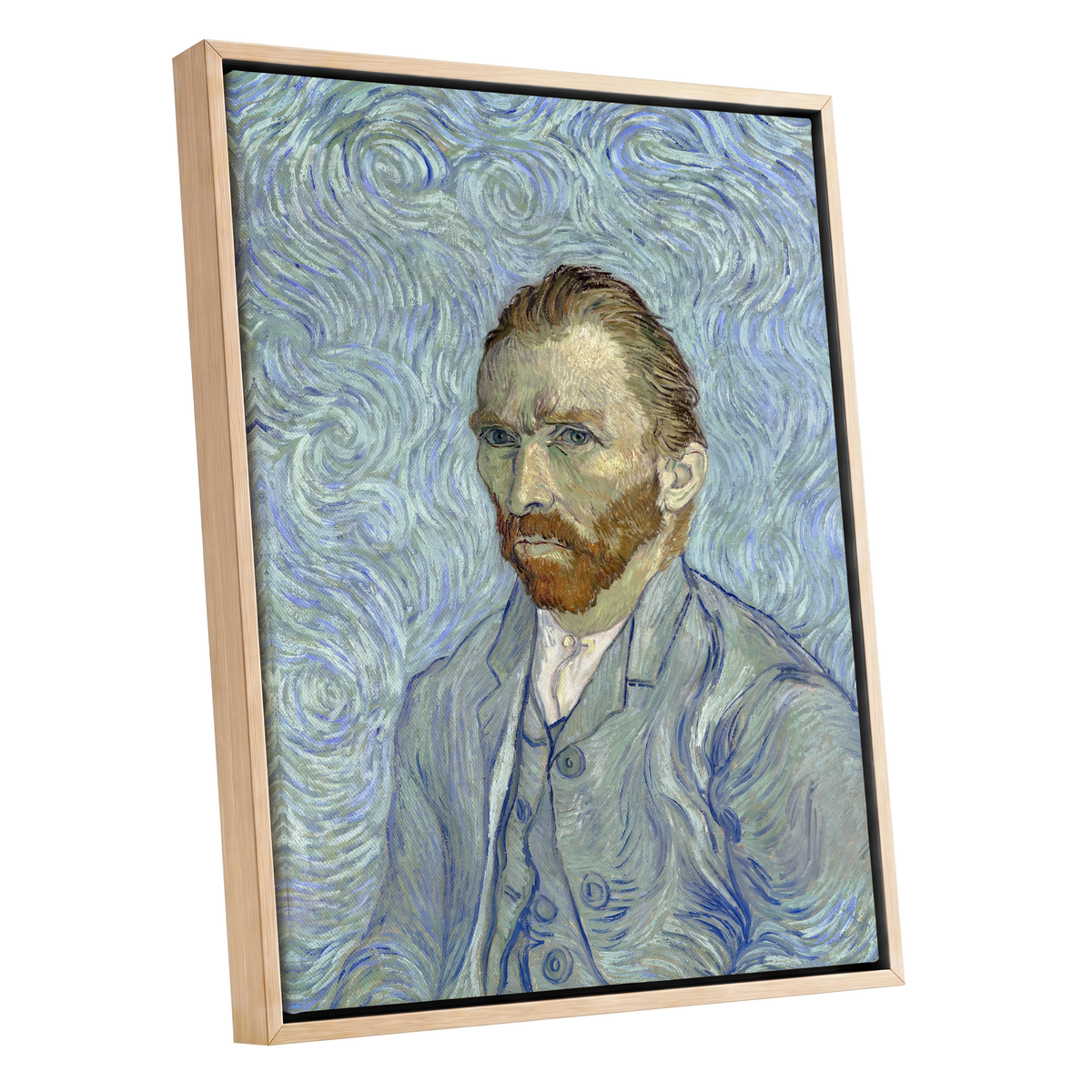 Portrait in Blue Currents, blue, green, gray abstract wall art shown as a oak framed canvas wall art