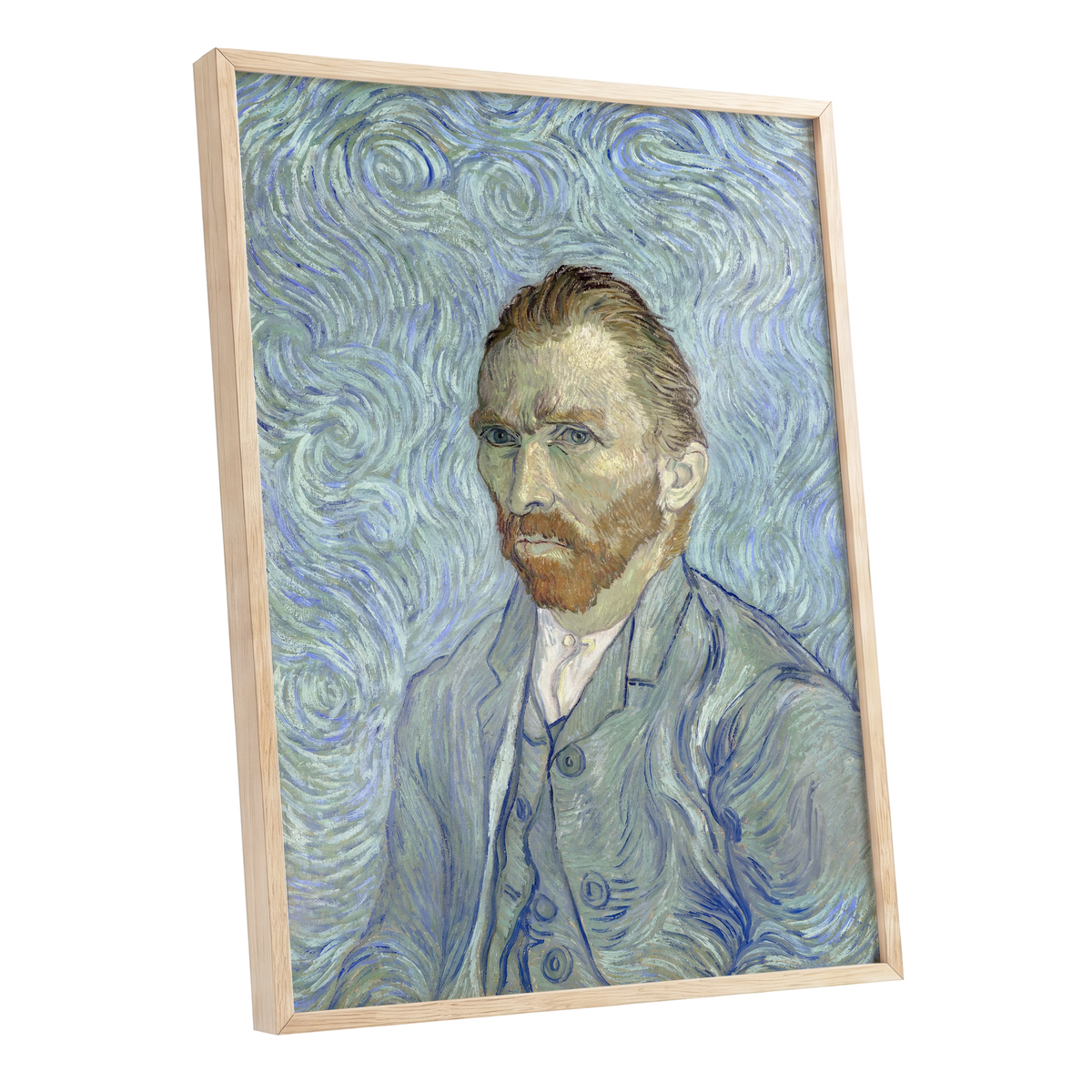 Portrait in Blue Currents, blue, green, gray abstract wall art shown as a oak framed poster wall art print