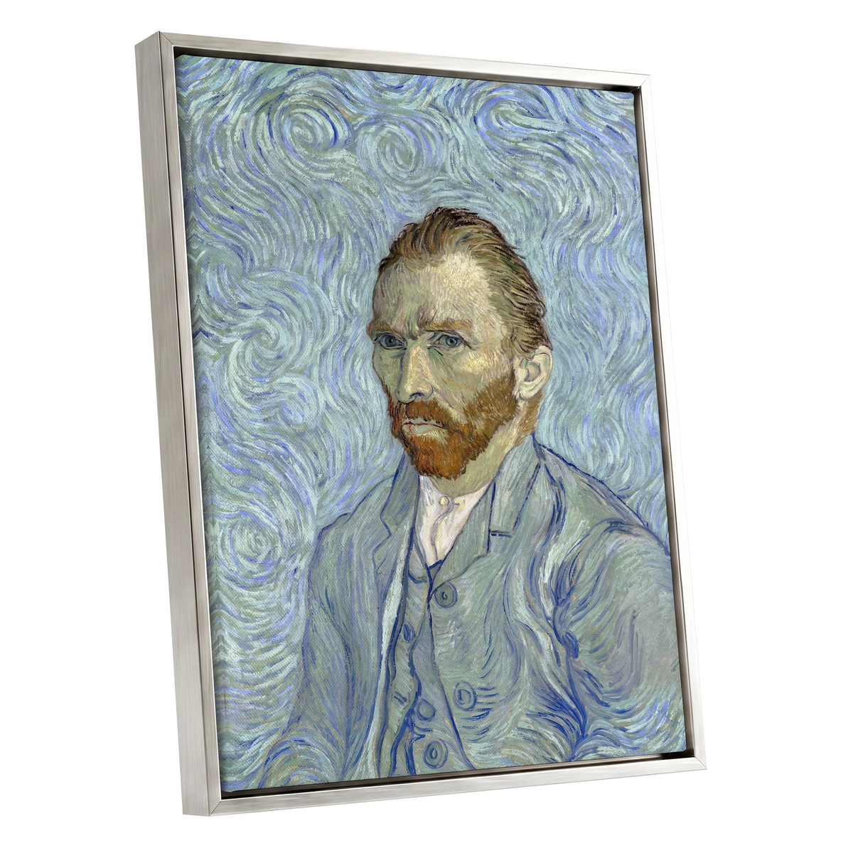 Portrait in Blue Currents, blue, green, gray abstract wall art shown as a silver framed canvas wall art