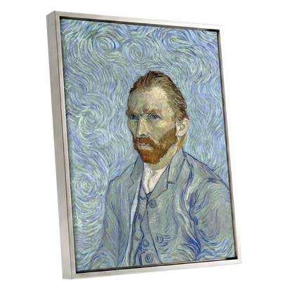 Portrait in Blue Currents, blue, green, gray abstract wall art shown as a silver framed canvas wall art
