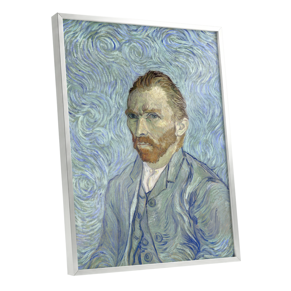 Portrait in Blue Currents, blue, green, gray abstract wall art shown as a silver framed poster wall art print