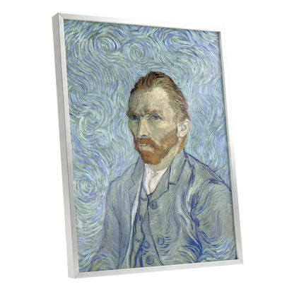 Portrait in Blue Currents, blue, green, gray abstract wall art shown as a silver framed poster wall art print