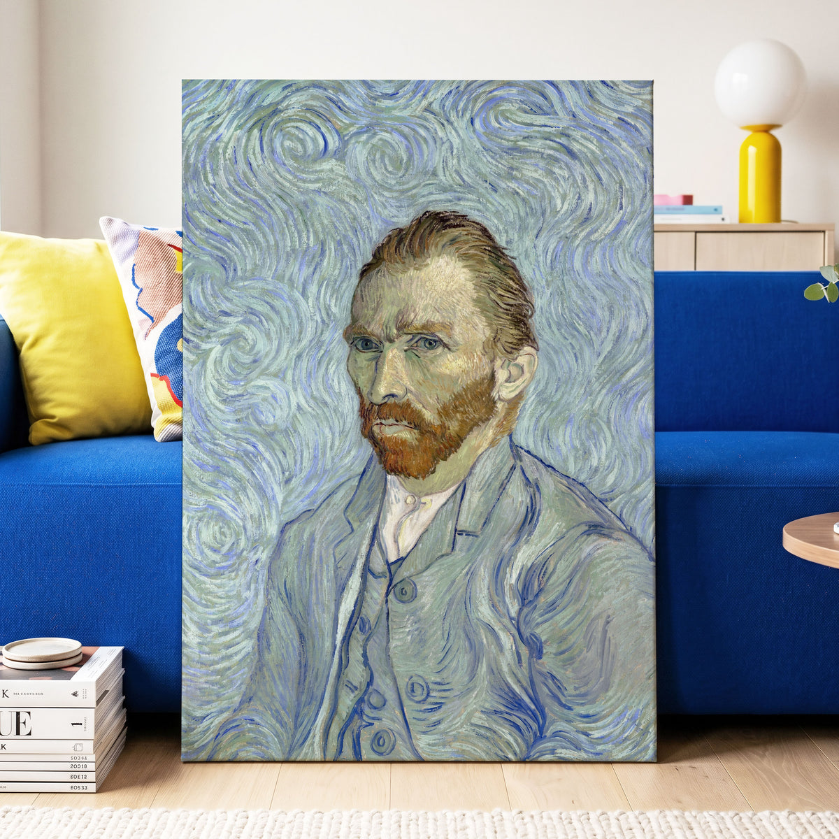 Portrait in Blue Currents, blue, green, gray abstract wall art displayed in a styled interior, gallery view 3