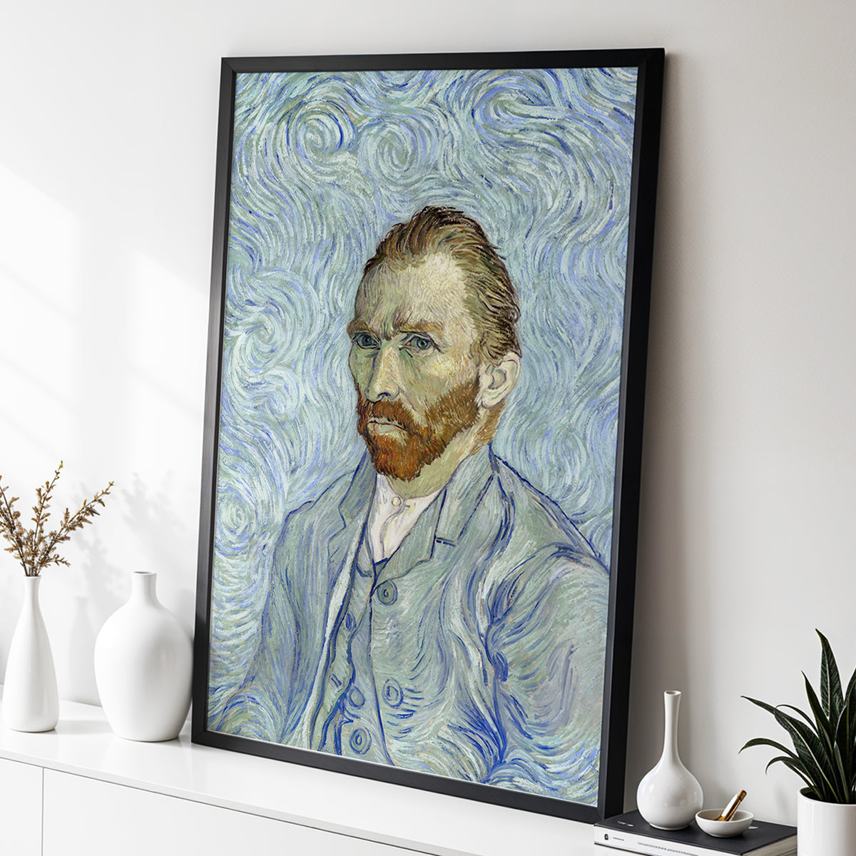 Portrait in Blue Currents, blue, green, gray abstract wall art displayed in a styled interior, gallery view 9