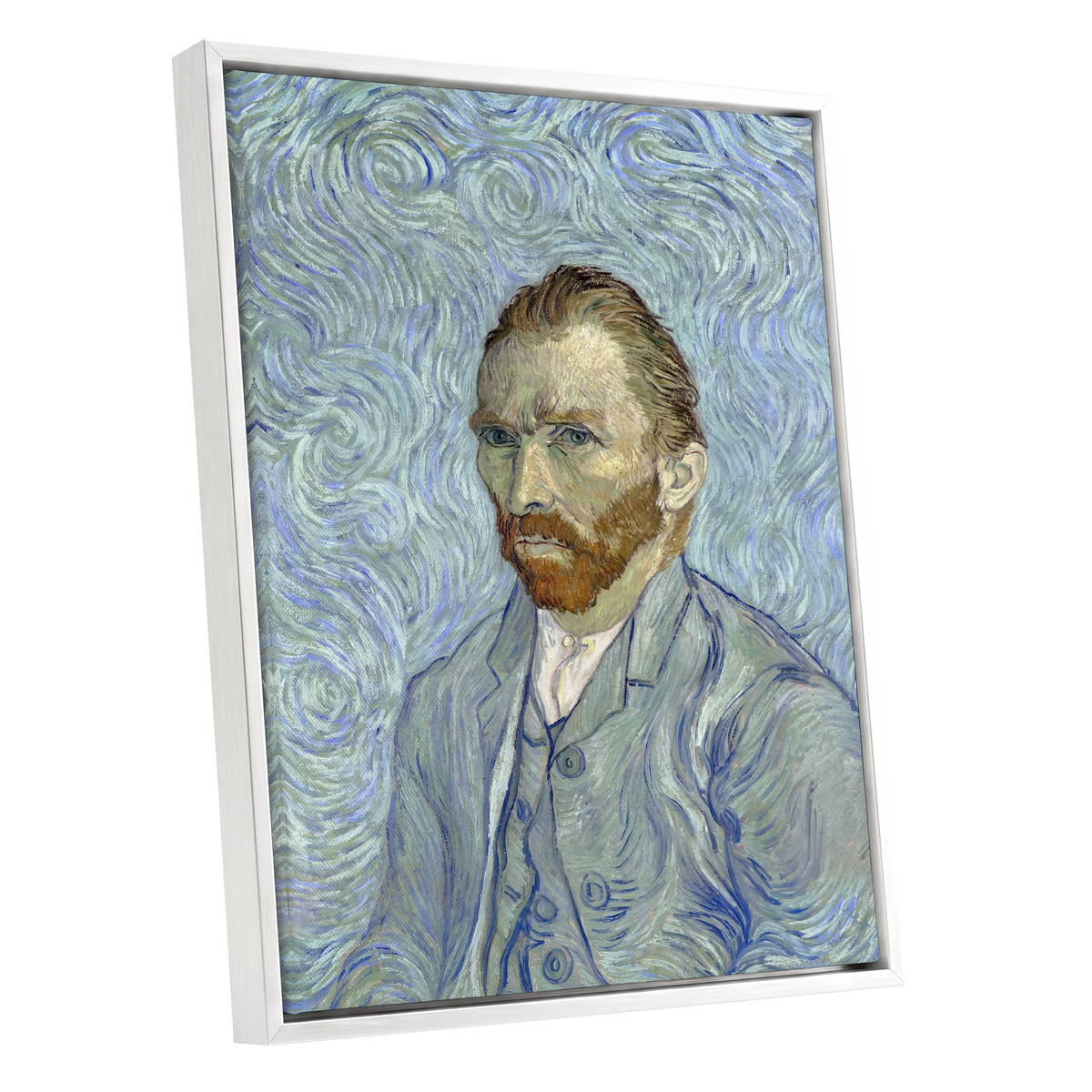 Portrait in Blue Currents, blue, green, gray abstract wall art shown as a white framed canvas wall art