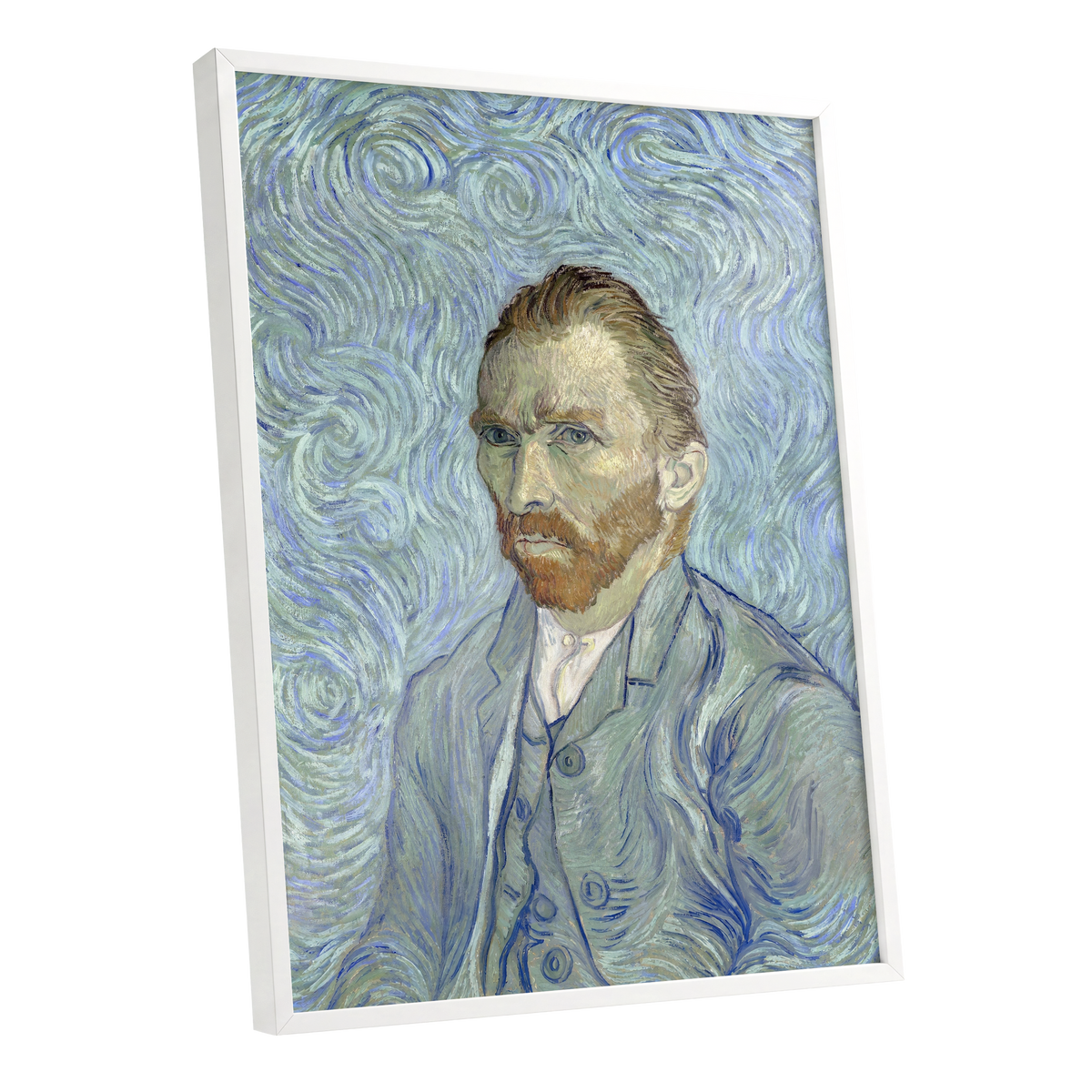 Portrait in Blue Currents, blue, green, gray abstract wall art shown as a white framed poster wall art print