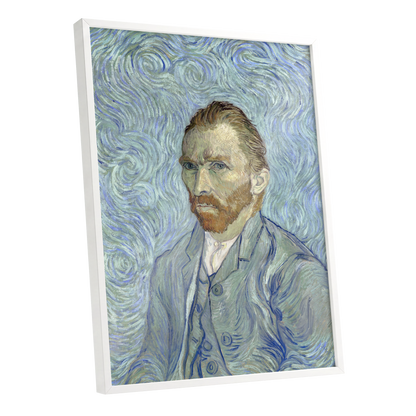 Portrait in Blue Currents, blue, green, gray abstract wall art shown as a white framed poster wall art print