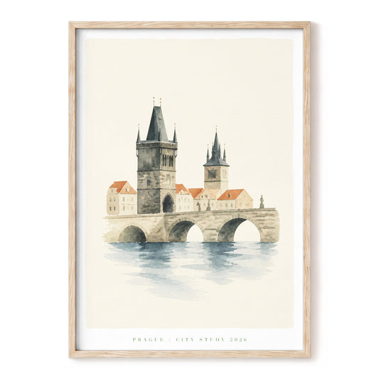 Prague Bridge Study, beige, gray, blue minimalist wall art, front artwork view