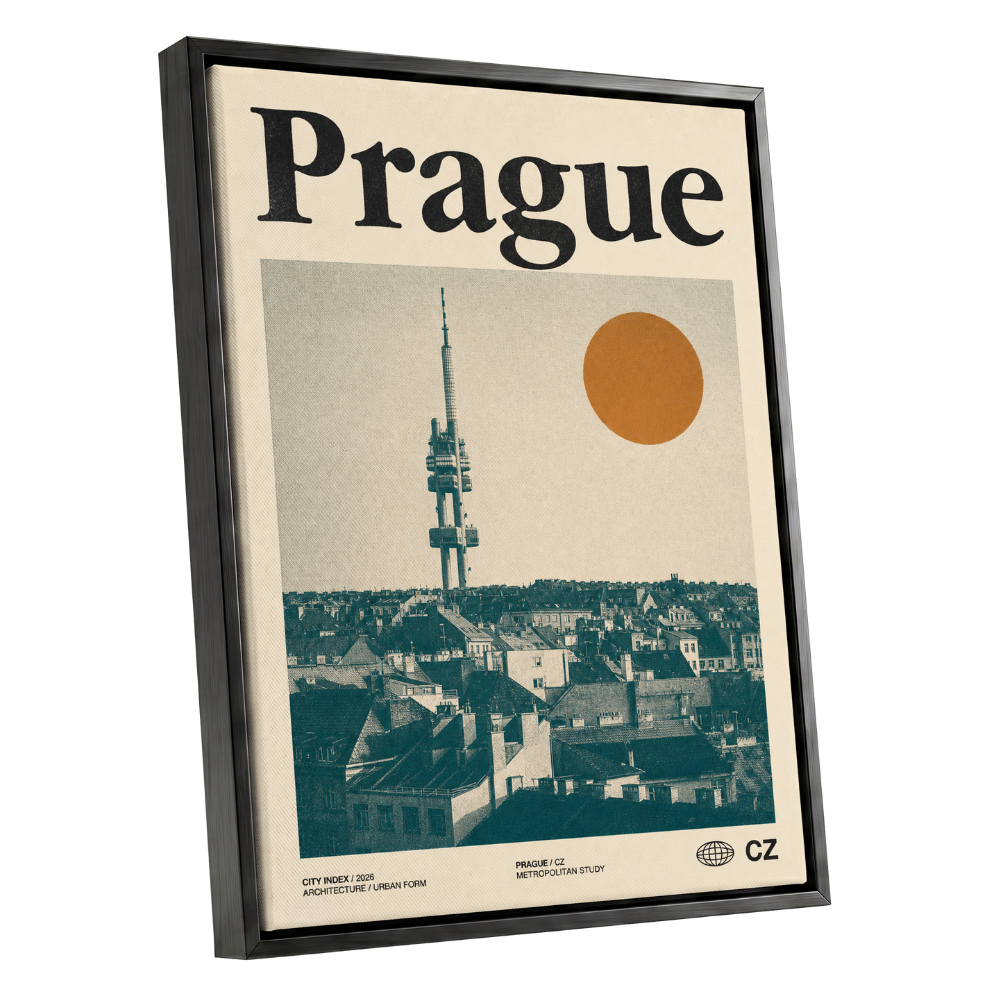 Prague Signal, beige, green, orange minimalist wall art shown as a black framed canvas wall art