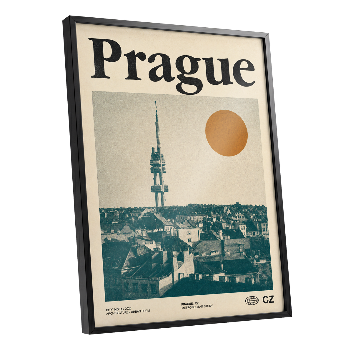 Prague Signal, beige, green, orange minimalist wall art shown as a black framed poster wall art print