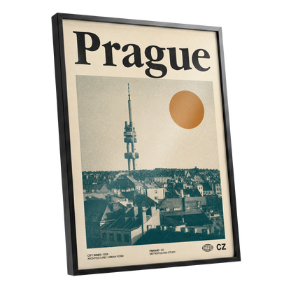 Prague Signal, beige, green, orange minimalist wall art shown as a black framed poster wall art print