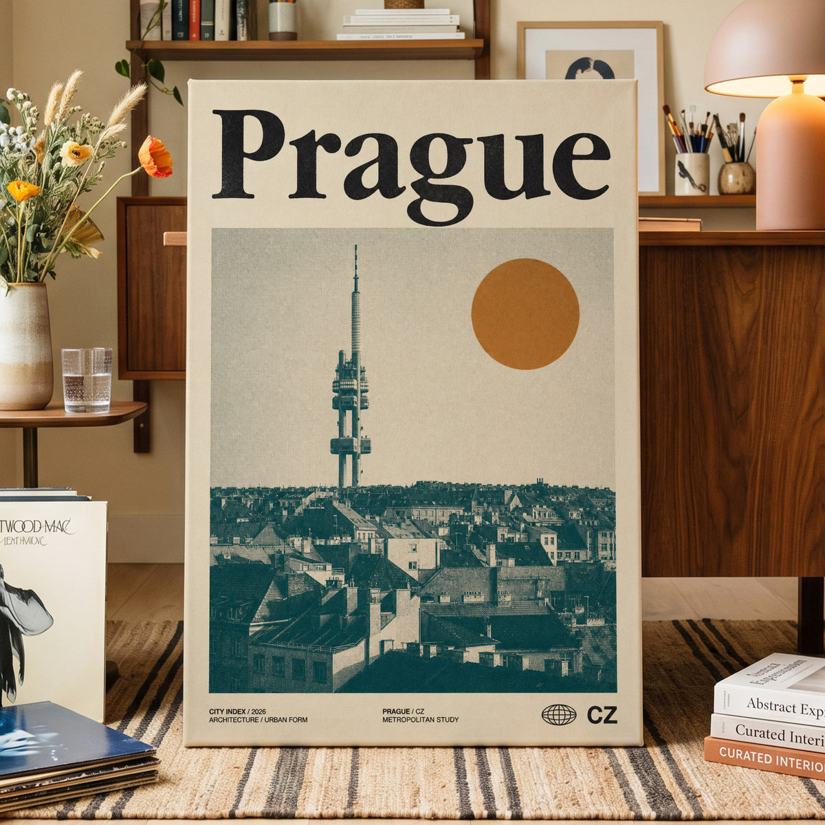 Prague Signal, beige, green, orange minimalist wall art on canvas displayed in a styled interior, gallery view 1