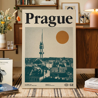 Prague Signal, beige, green, orange minimalist wall art on canvas displayed in a styled interior, gallery view 1