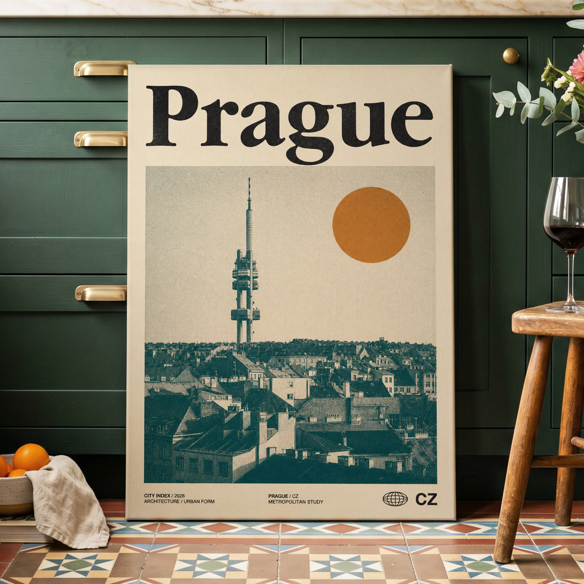 Prague Signal, beige, green, orange minimalist wall art on canvas displayed in a styled interior, gallery view 2