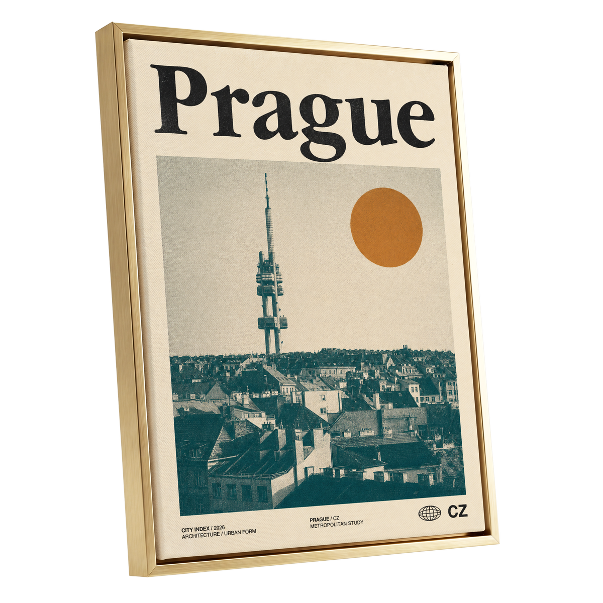 Prague Signal, beige, green, orange minimalist wall art shown as a gold framed canvas wall art