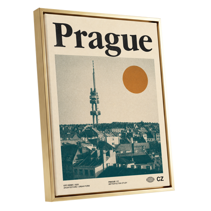 Prague Signal, beige, green, orange minimalist wall art shown as a gold framed canvas wall art