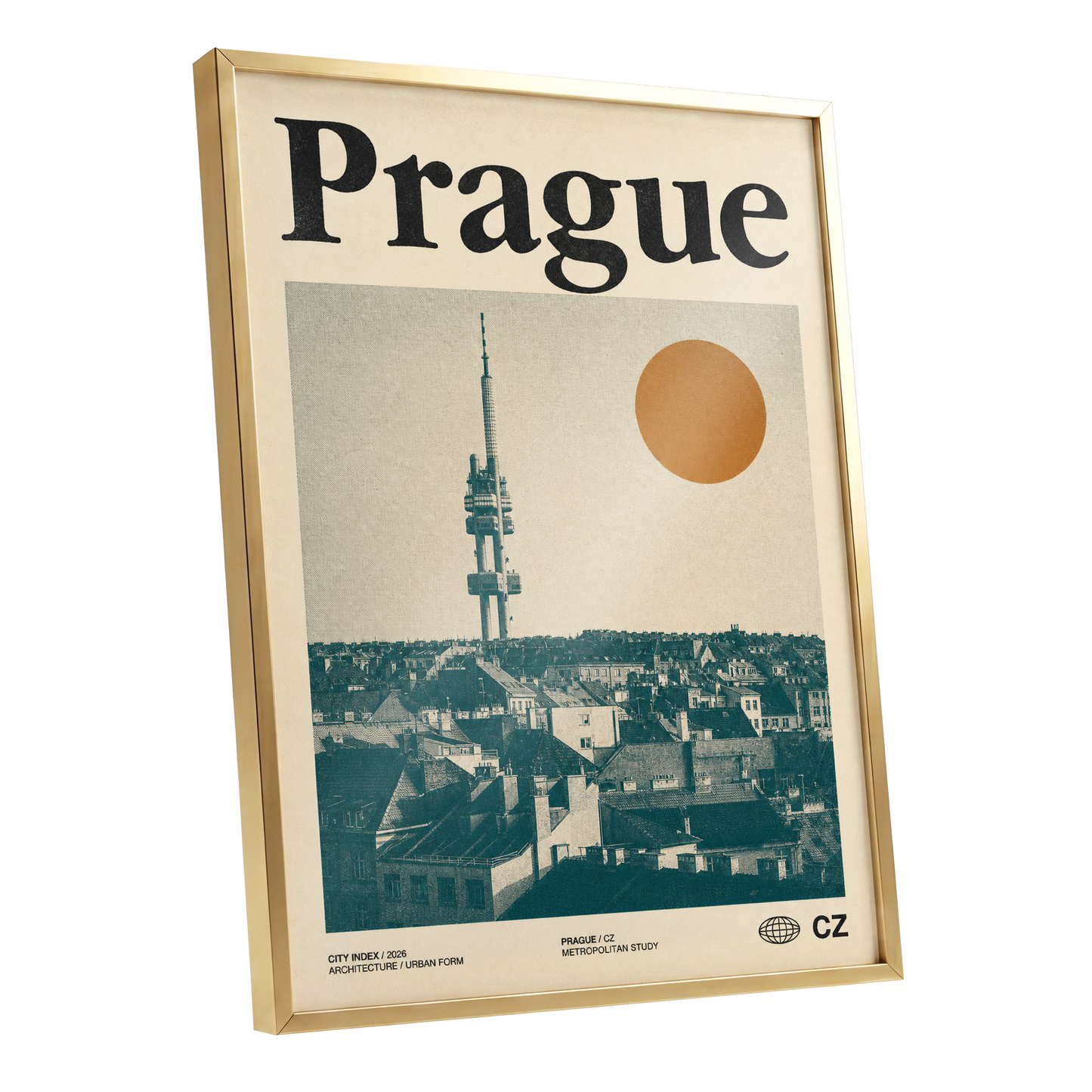 Prague Signal, beige, green, orange minimalist wall art shown as a gold framed poster wall art print