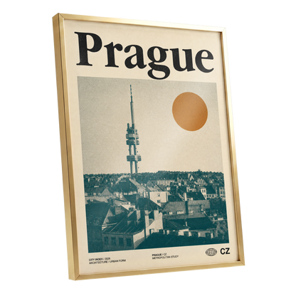 Prague Signal, beige, green, orange minimalist wall art shown as a gold framed poster wall art print