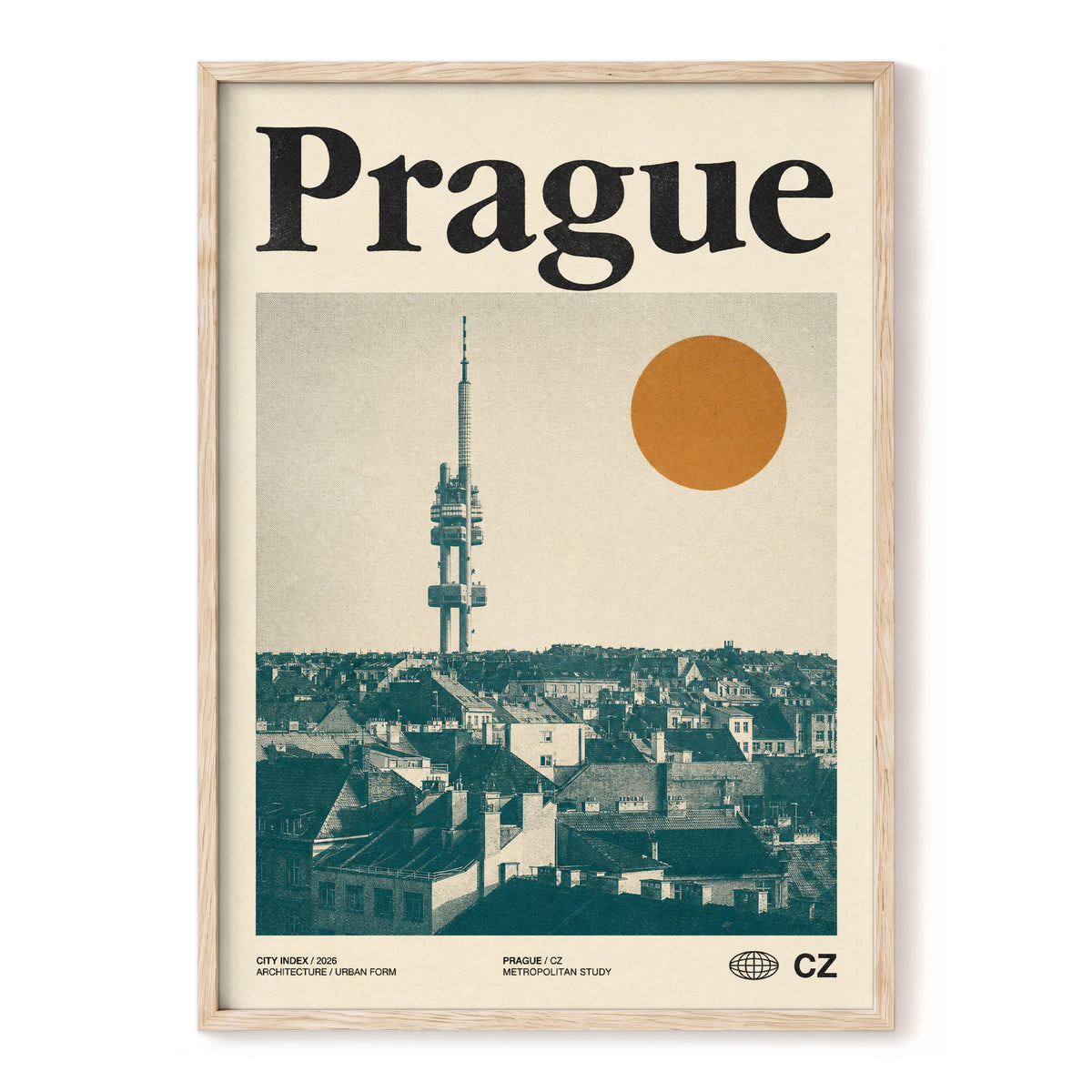 Prague Signal, beige, green, orange minimalist wall art, front artwork view