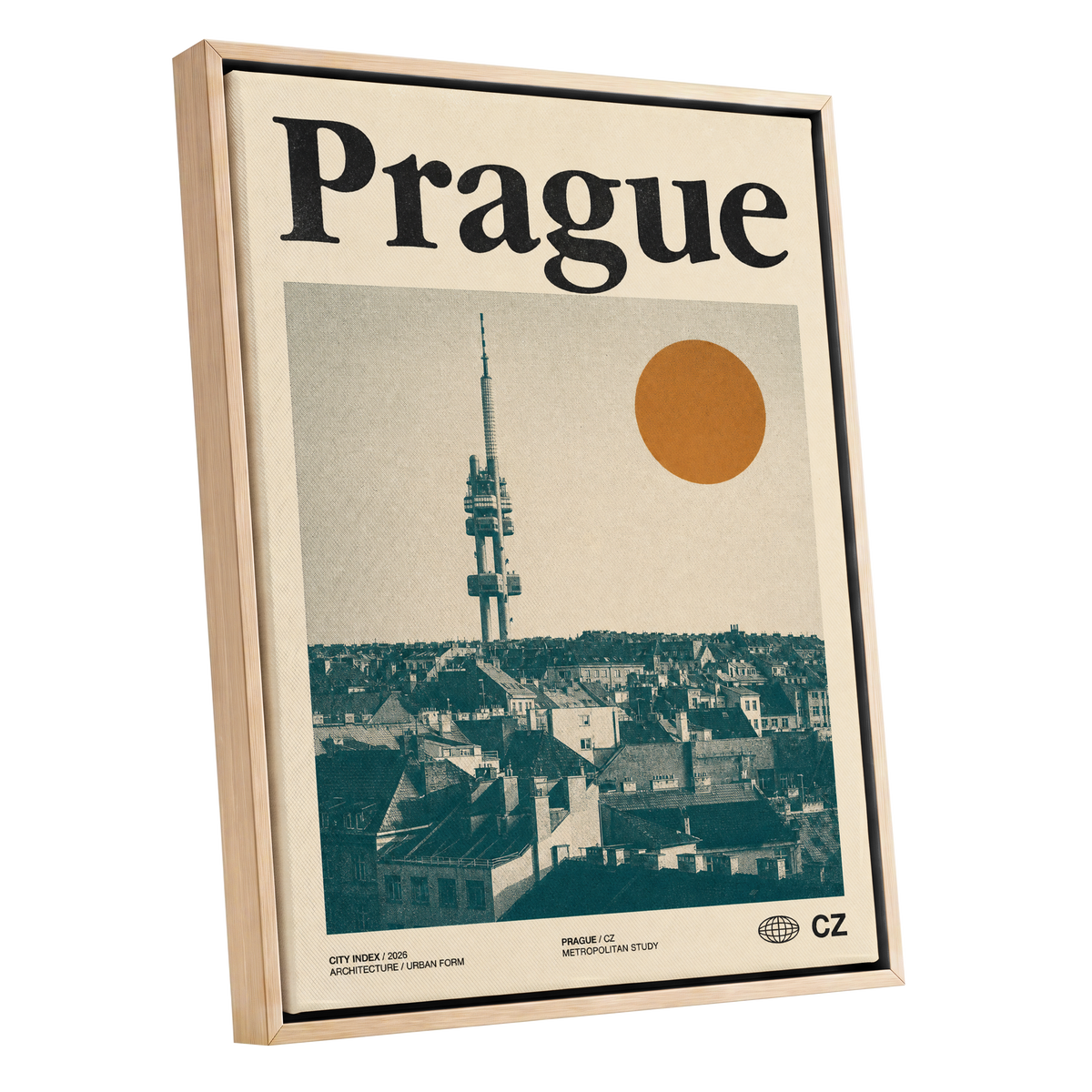 Prague Signal, beige, green, orange minimalist wall art shown as a oak framed canvas wall art