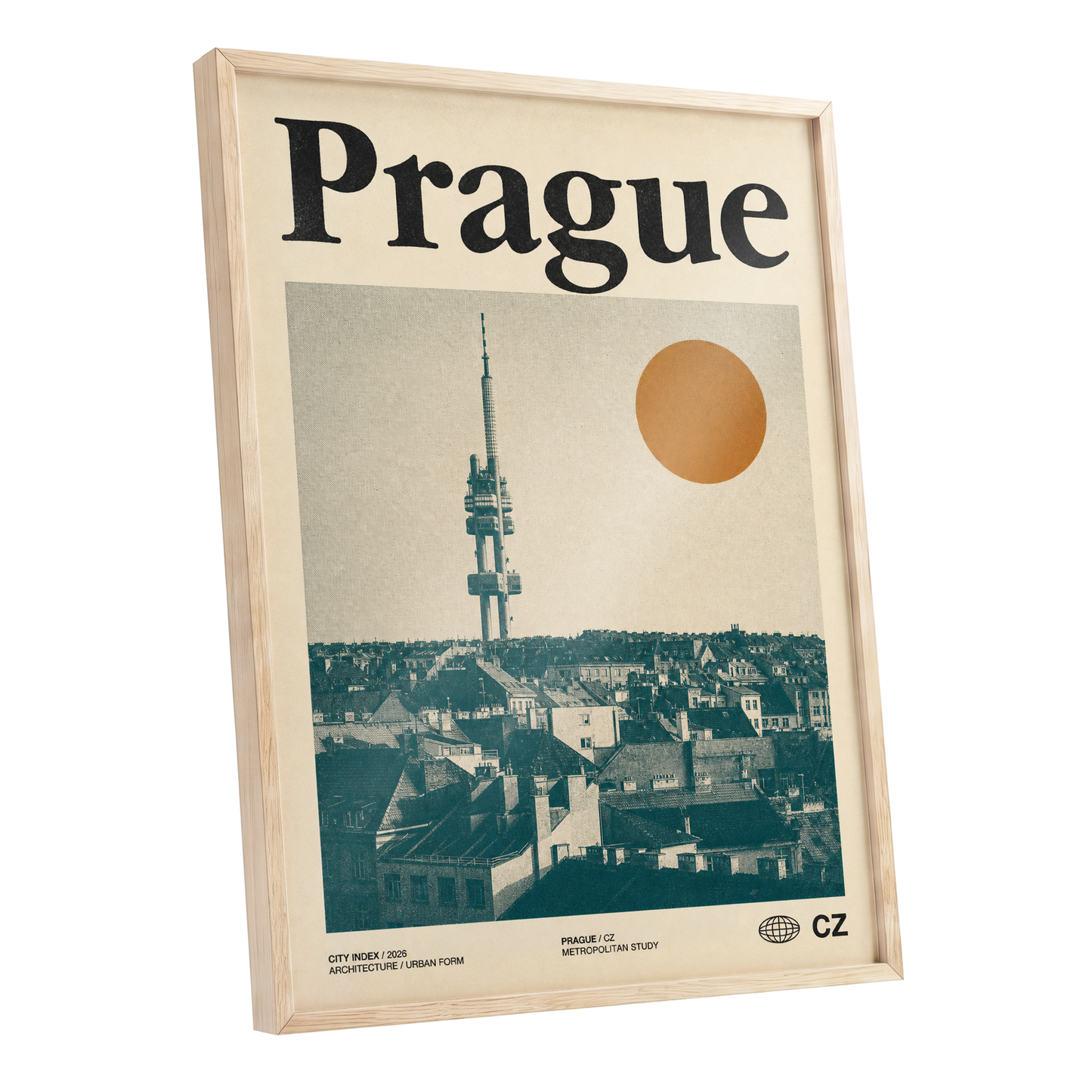 Prague Signal, beige, green, orange minimalist wall art shown as a oak framed poster wall art print