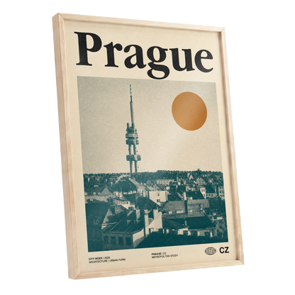 Prague Signal, beige, green, orange minimalist wall art shown as a oak framed poster wall art print