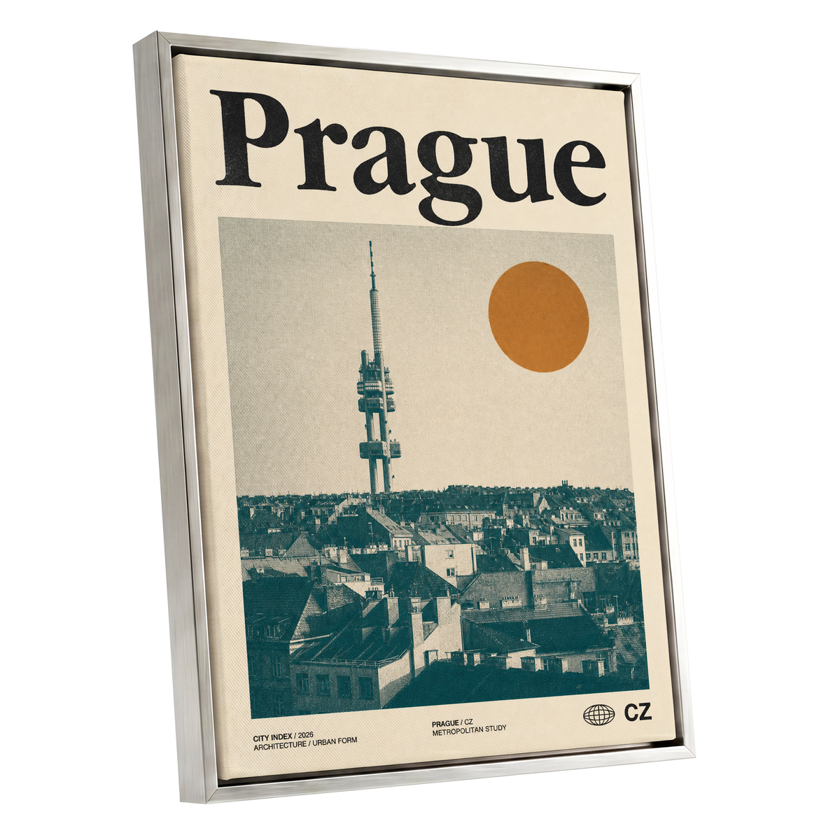 Prague Signal, beige, green, orange minimalist wall art shown as a silver framed canvas wall art