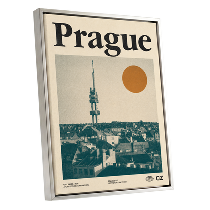 Prague Signal, beige, green, orange minimalist wall art shown as a silver framed canvas wall art