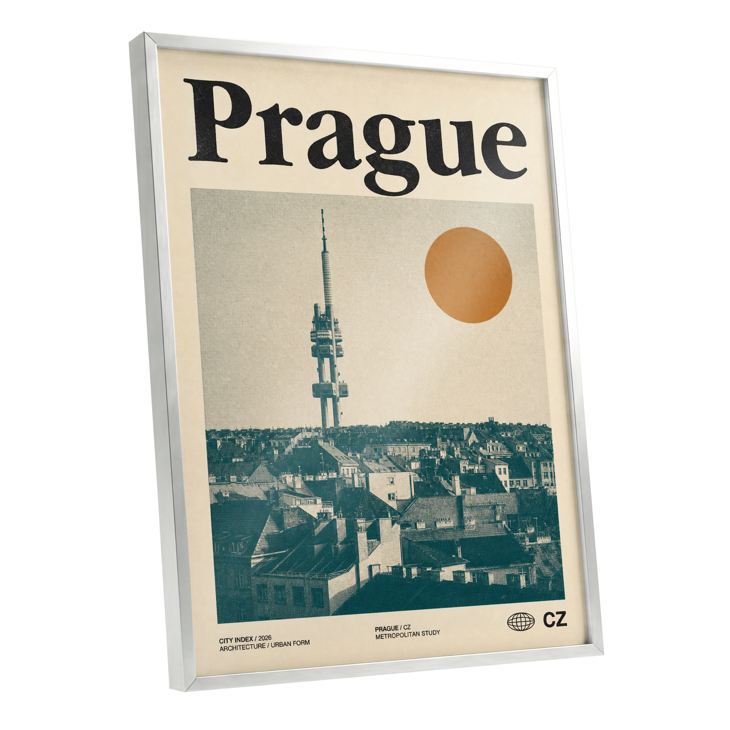 Prague Signal, beige, green, orange minimalist wall art shown as a silver framed poster wall art print