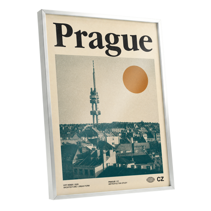 Prague Signal, beige, green, orange minimalist wall art shown as a silver framed poster wall art print